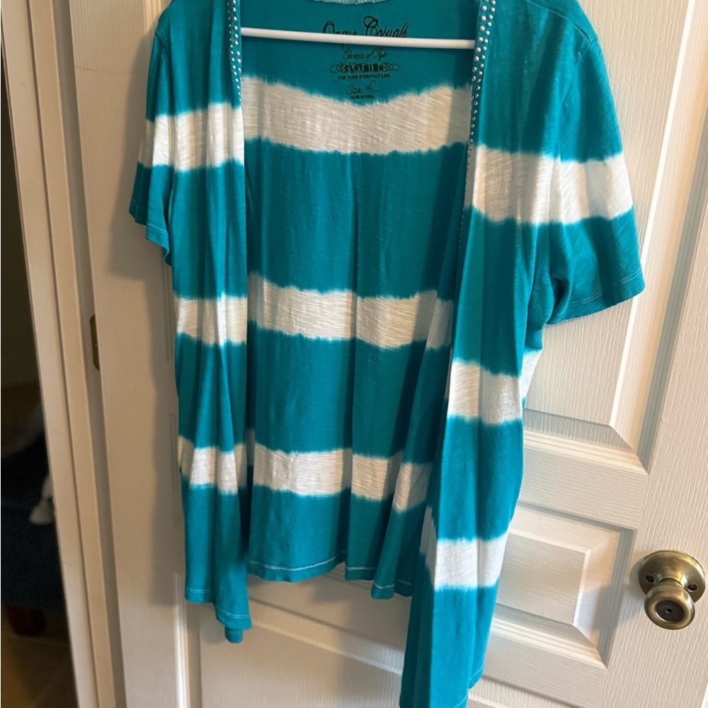 Onque Casuals Teal and White Striped Cardigan